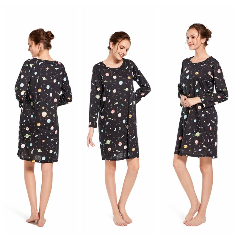Knitted Cotton Women Plus Size Lingere Nightgown Loose Nightdress Long Sleeve Night Gown Cute Cartoon Home Dress Sexy Sleepwear