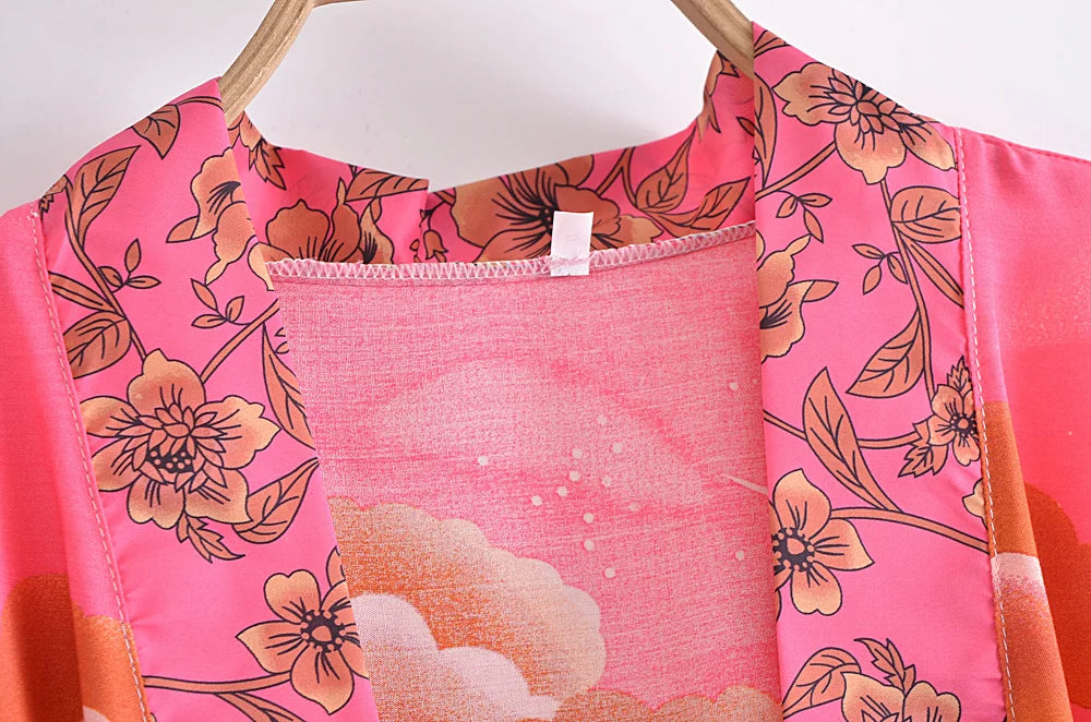 Vintage Chic Women Star and Moon Floral Print Bat Sleeve Beach Bohemian Kimono Dress Robe Ladies Summer Boho Bikini Cover-ups