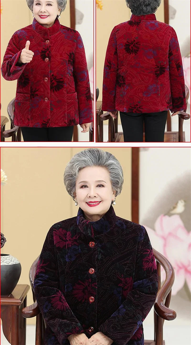 Grandma's Winter Parka Coat Corduroy Clothes Female Mid-Aged And Elderly Thicken Mother Autumn Coat Cotton-Padded Jacket Print