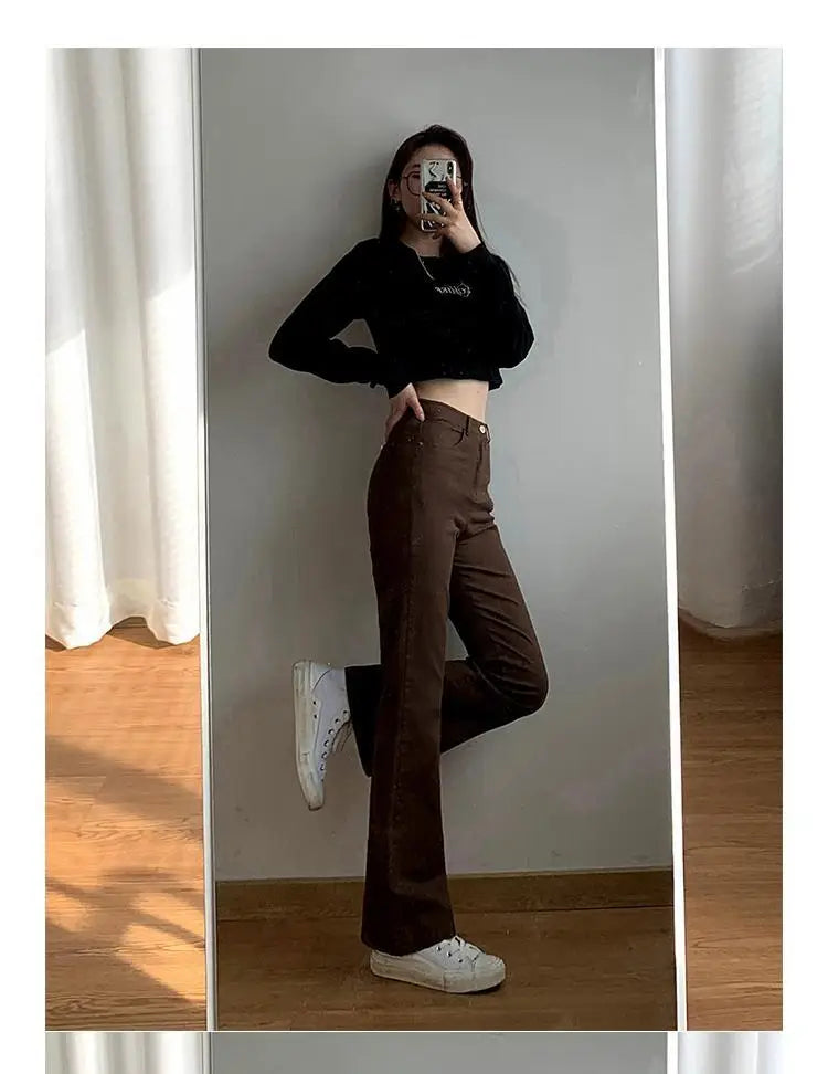 Jeans Women Denim Brown Fashion All-match Boot Cut Spring Autumn Trousers High Waist Skinny Elasticity Korean Style  Street