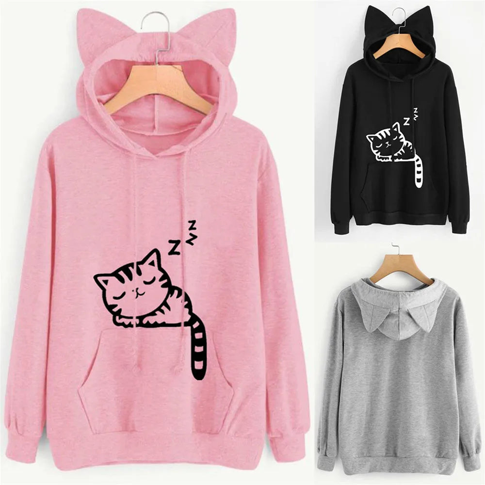 Women Sweatshirt Cat Ear Funny Hoodie Mujer Tracksuits Kawaii Print Cat Cartoon Feminino Fashion Autumn Sweatshirts #256785