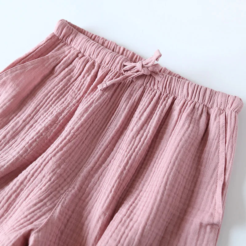Women Summer Shorts Cotton Double-layer Gauze Sleep Bottoms Thin Loose-fitting Pajama Pants Home Pants Solid Sleep Shorts