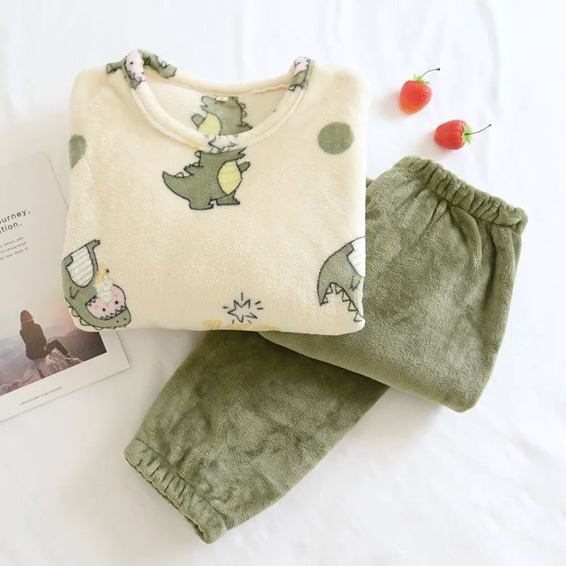 New Autumn And Winter Ladies Flannel Pajamas Long-sleeved Trousers Two-piece Cartoon Dinosaur Warmth Thickening Home Service Set