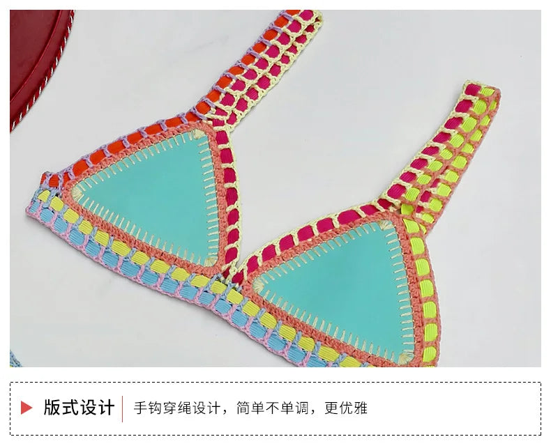 Turquoise Women Sexy Neoprene Triangle Swimsuit Swimming Wear Set Crochet Bikini Beachwear Bathing Suit For Vacation Wear