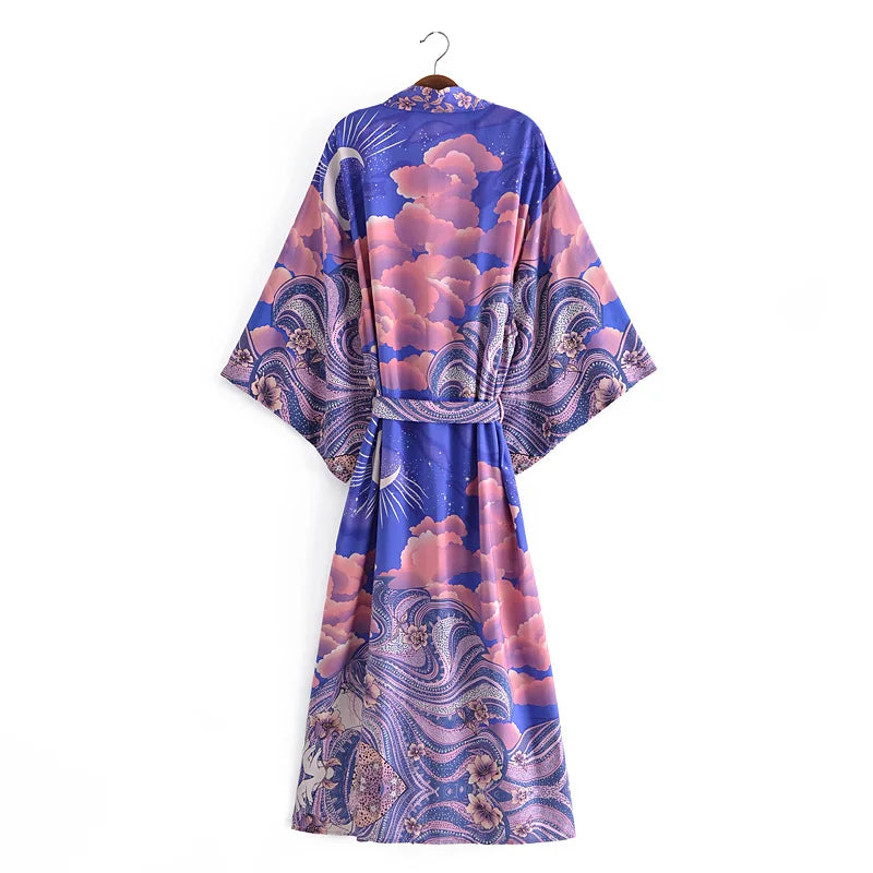 Vintage Chic Women Star and Moon Floral Print Bat Sleeve Beach Bohemian Kimono Dress Robe Ladies Summer Boho Bikini Cover-ups