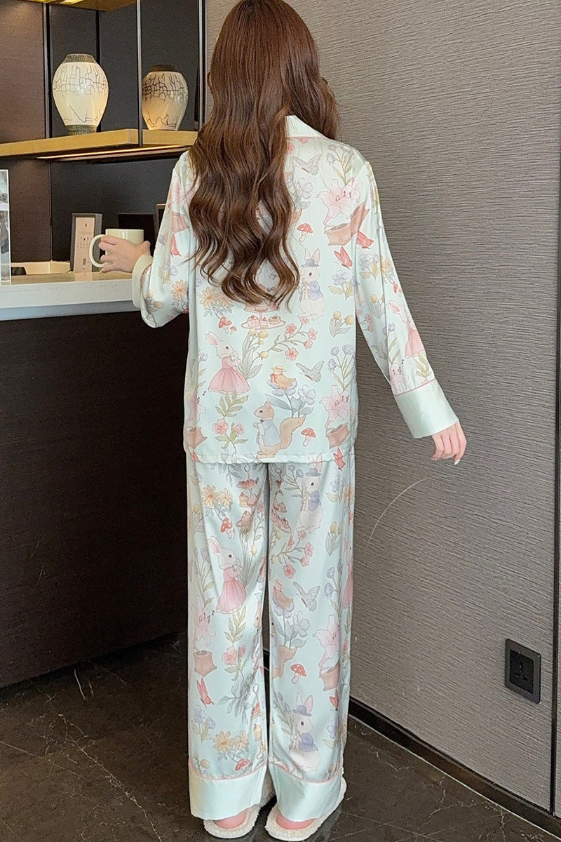 Silk Satin Female Pajamas Sleepwear 2PCS Set Fashion Print Flower Home Clothes Trouser Suits Spring New Loose Casual Nightwear