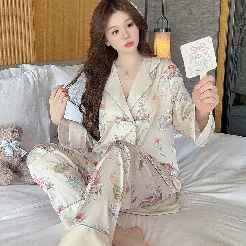 Silk Satin Female Pajamas Sleepwear 2PCS Set Fashion Print Flower Home Clothes Trouser Suits Spring New Loose Casual Nightwear