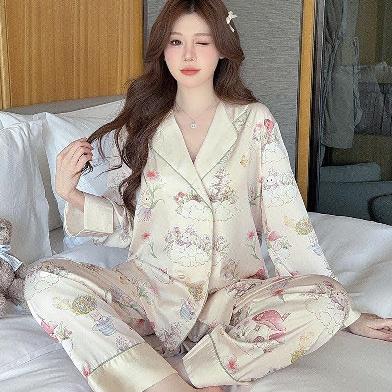 Silk Satin Female Pajamas Sleepwear 2PCS Set Fashion Print Flower Home Clothes Trouser Suits Spring New Loose Casual Nightwear