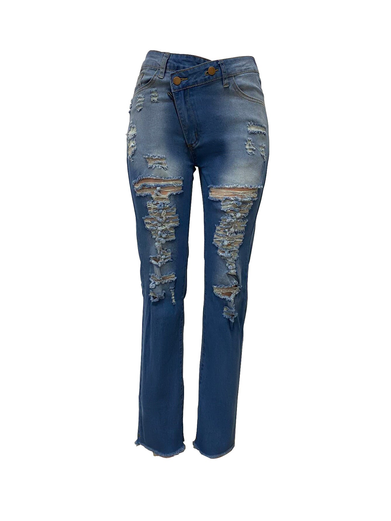 Jeans Ankle Length Women Pencil Denim Hole Pants Ripped Pockets High Waist Jean Skinny Streetwear Button Washed Distressed
