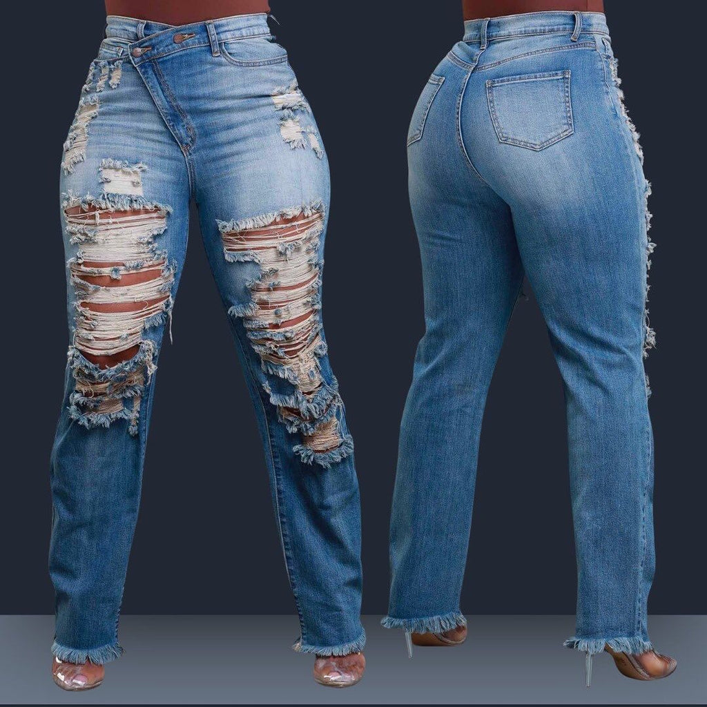 Jeans Ankle Length Women Pencil Denim Hole Pants Ripped Pockets High Waist Jean Skinny Streetwear Button Washed Distressed
