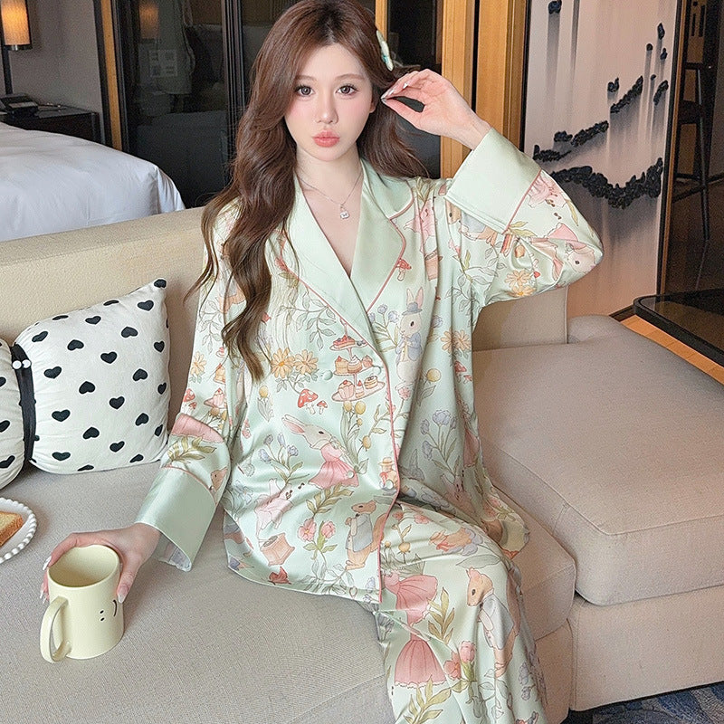 Silk Satin Female Pajamas Sleepwear 2PCS Set Fashion Print Flower Home Clothes Trouser Suits Spring New Loose Casual Nightwear