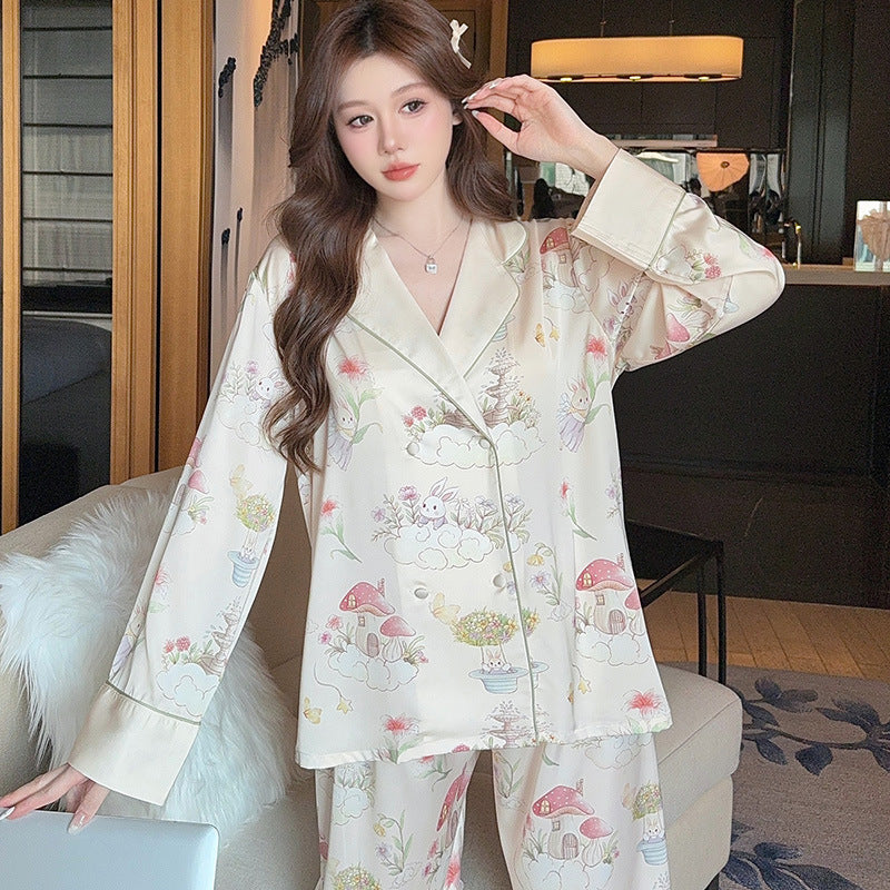 Silk Satin Female Pajamas Sleepwear 2PCS Set Fashion Print Flower Home Clothes Trouser Suits Spring New Loose Casual Nightwear