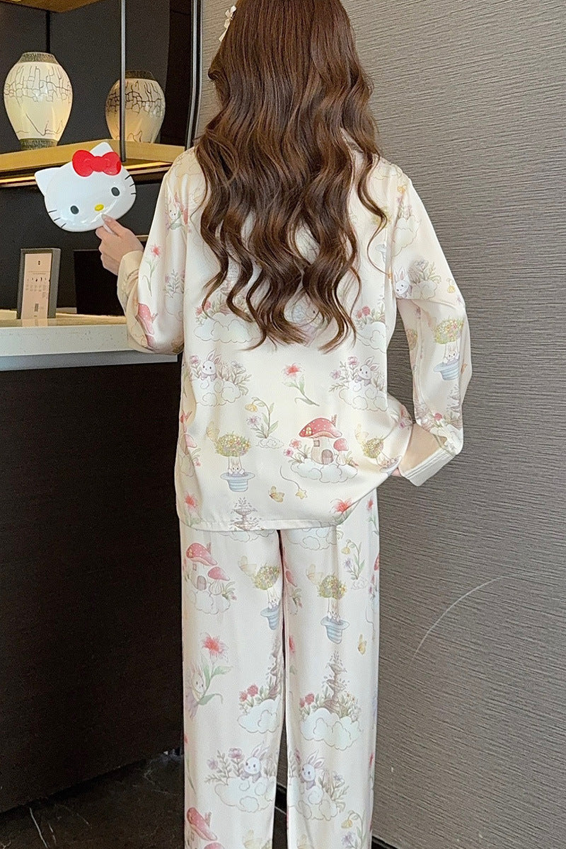 Silk Satin Female Pajamas Sleepwear 2PCS Set Fashion Print Flower Home Clothes Trouser Suits Spring New Loose Casual Nightwear