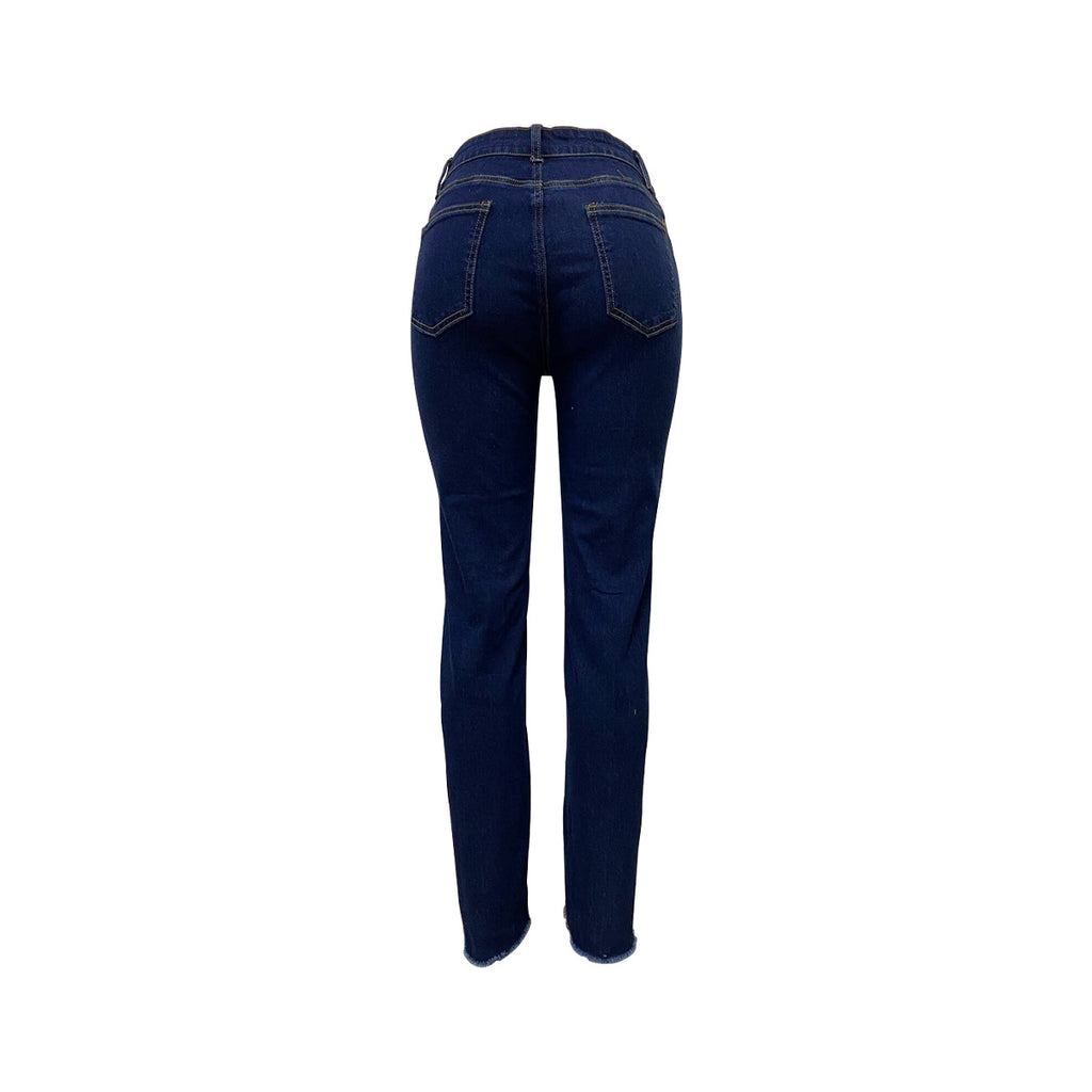 Jeans Ankle Length Women Pencil Denim Hole Pants Ripped Pockets High Waist Jean Skinny Streetwear Button Washed Distressed