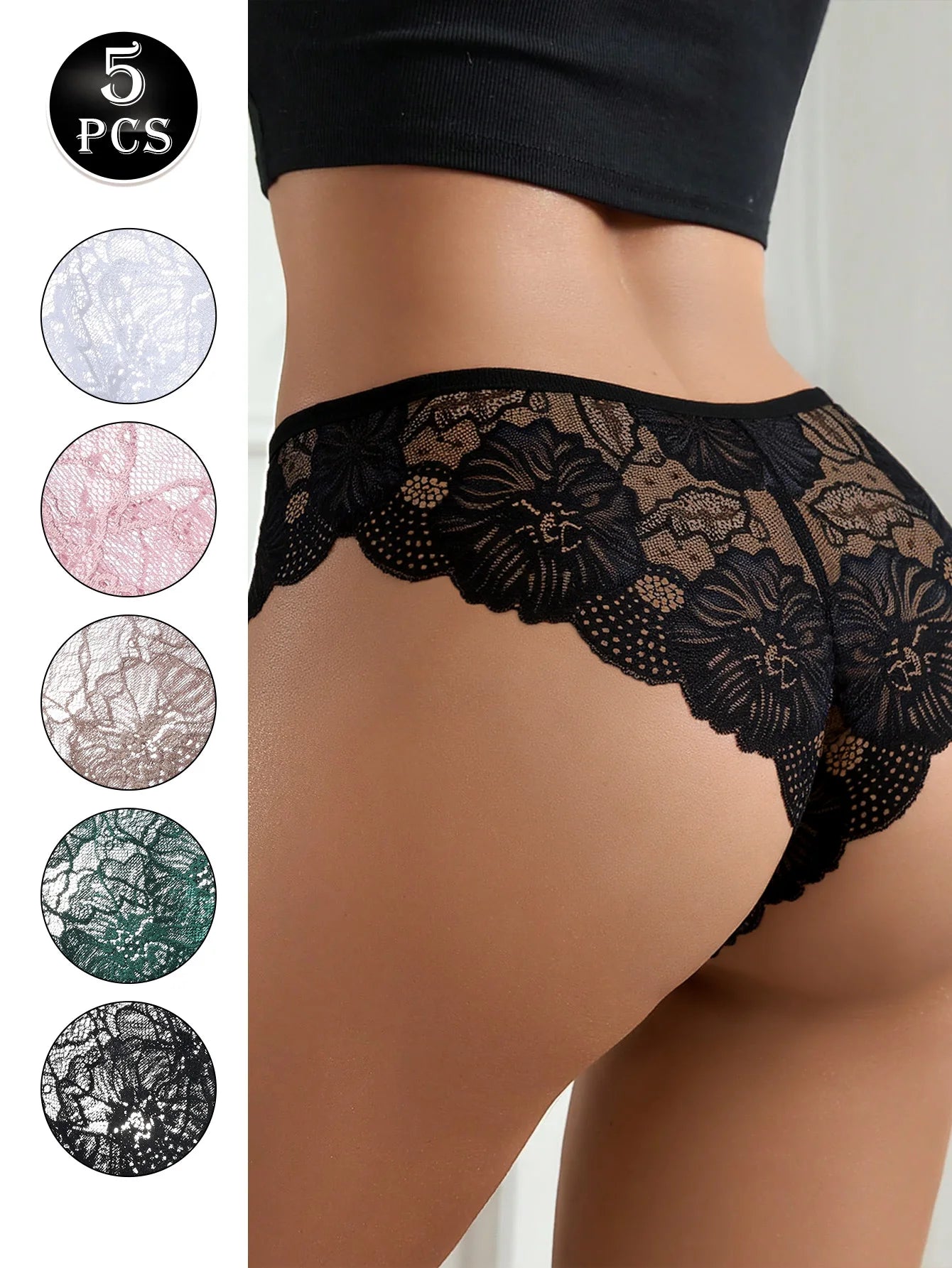 5PCS Women Floral Lace Panties Sexy Perspective Underwear Low Waist Solid Underpants Breathable Intimates Female Lingerie M-XL