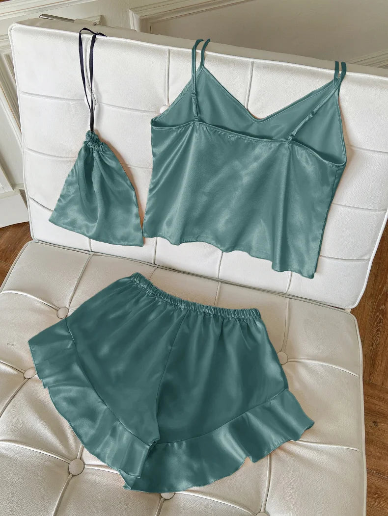 Fashion Sexy Underwear Set Women's 2 Pieces Sleepwear Pyjamas Silk Satin Bellyband Cami Top and Shorts Pajamas for Women Pijamas