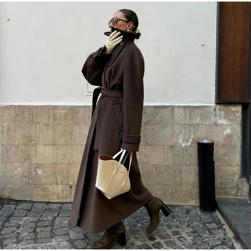Elegant Stand Collar Long Woolen Coat Women Loose Full Sleeve Single Breast Warm Overcoat 2026 Spring Lady Outwear New