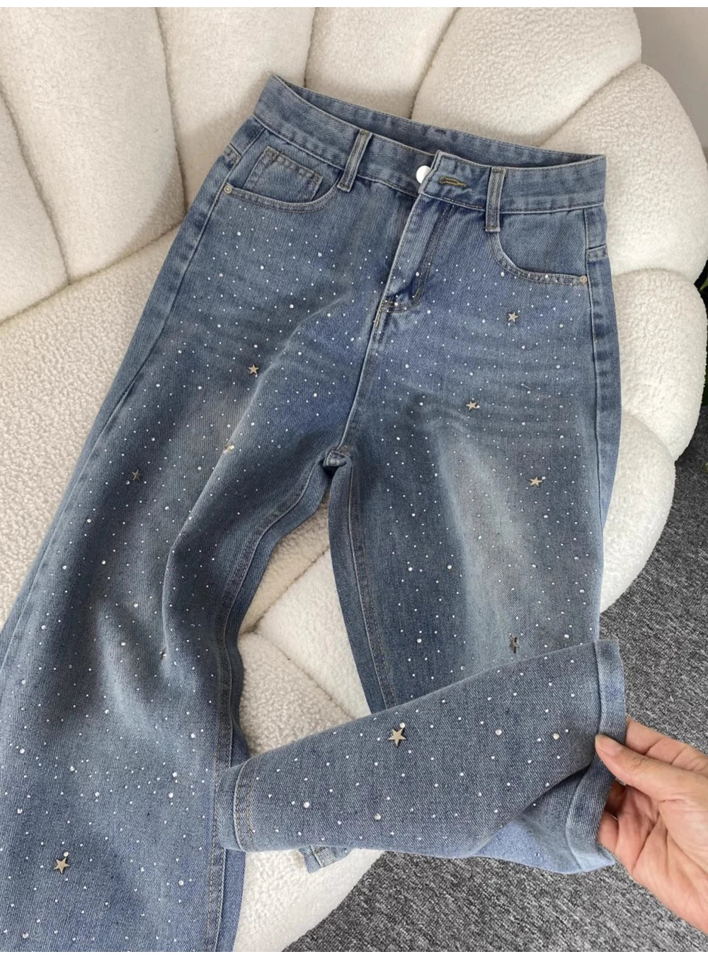 Shiny Diamond Bling Denim Pants Spring Autumn Women High Waist Straight Wide Leg Jeans Glitter Rivet Loose Blue Denim Pants ﻿