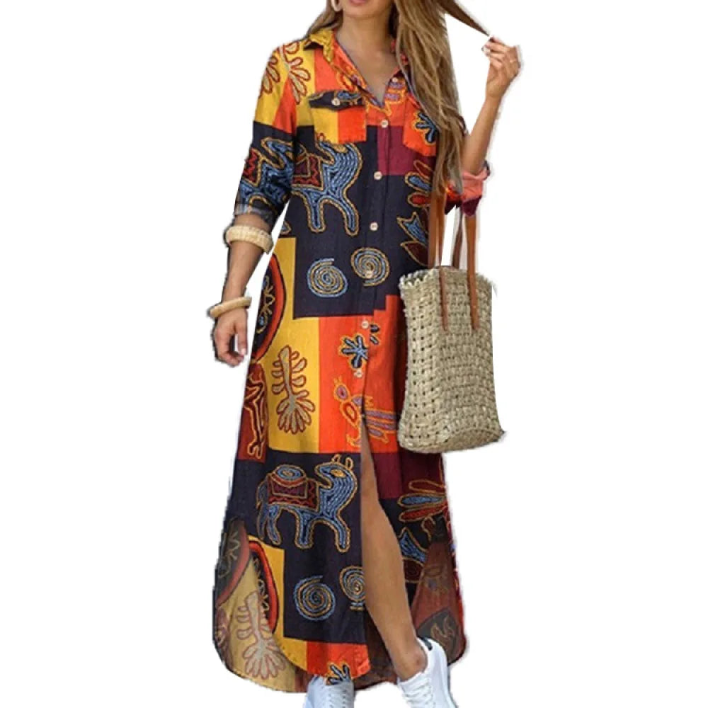 Camouflage Leopard Letters Floral Printed Dresses for Women 2025 Buttons Long Sleeve Loose Split Casual Solid Maxi Dress Robe