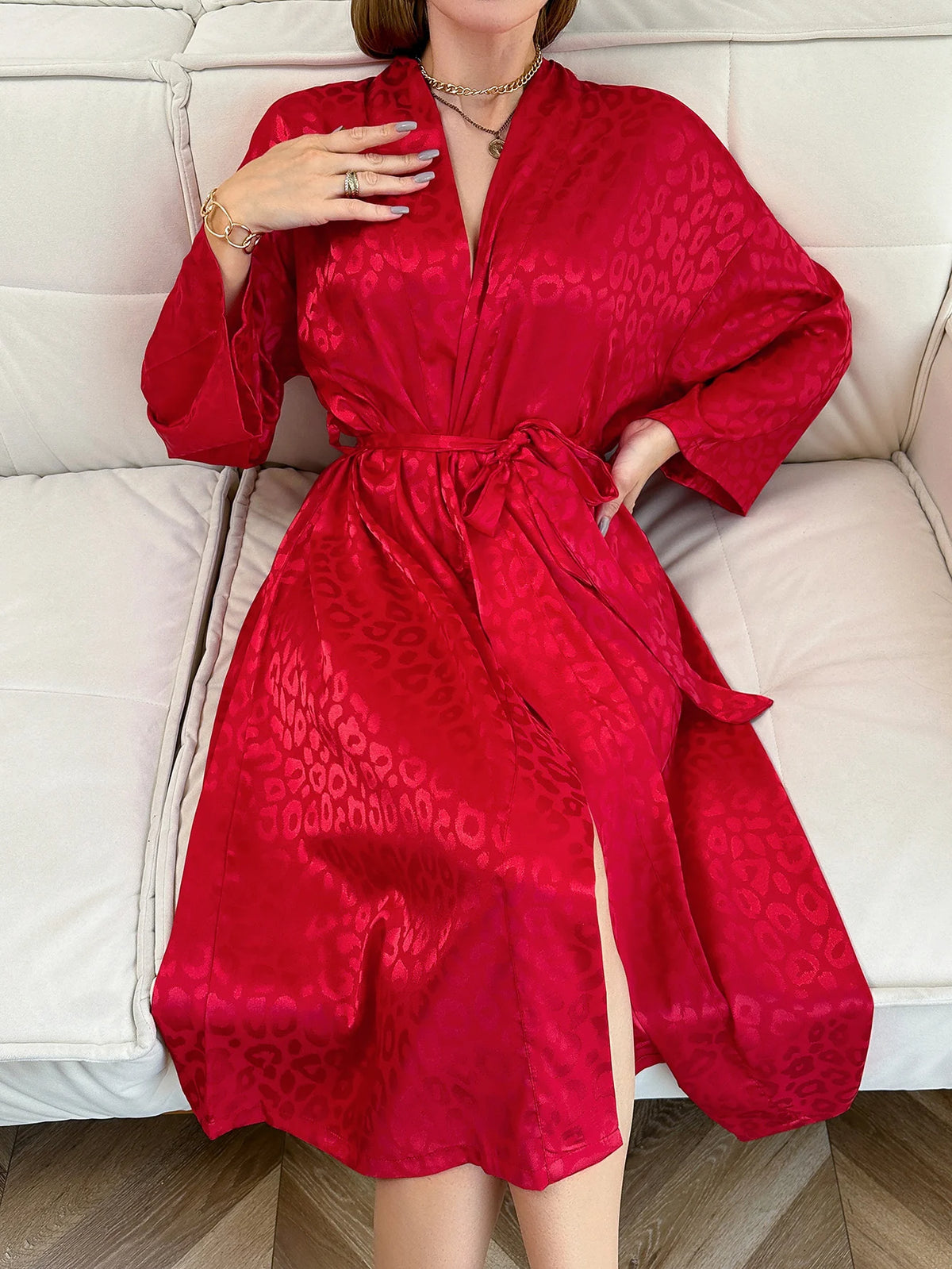 Leopard Print Night Robe Long Sleeve V Neck Robe With Belt  Women's Sleepwear