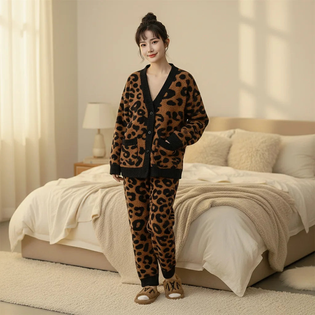 Winter Thickened Fleece Lined Half Velvet Pajamas Women's Home Clothes Set Simple Korean Leopard Print Sleepwear V-neck