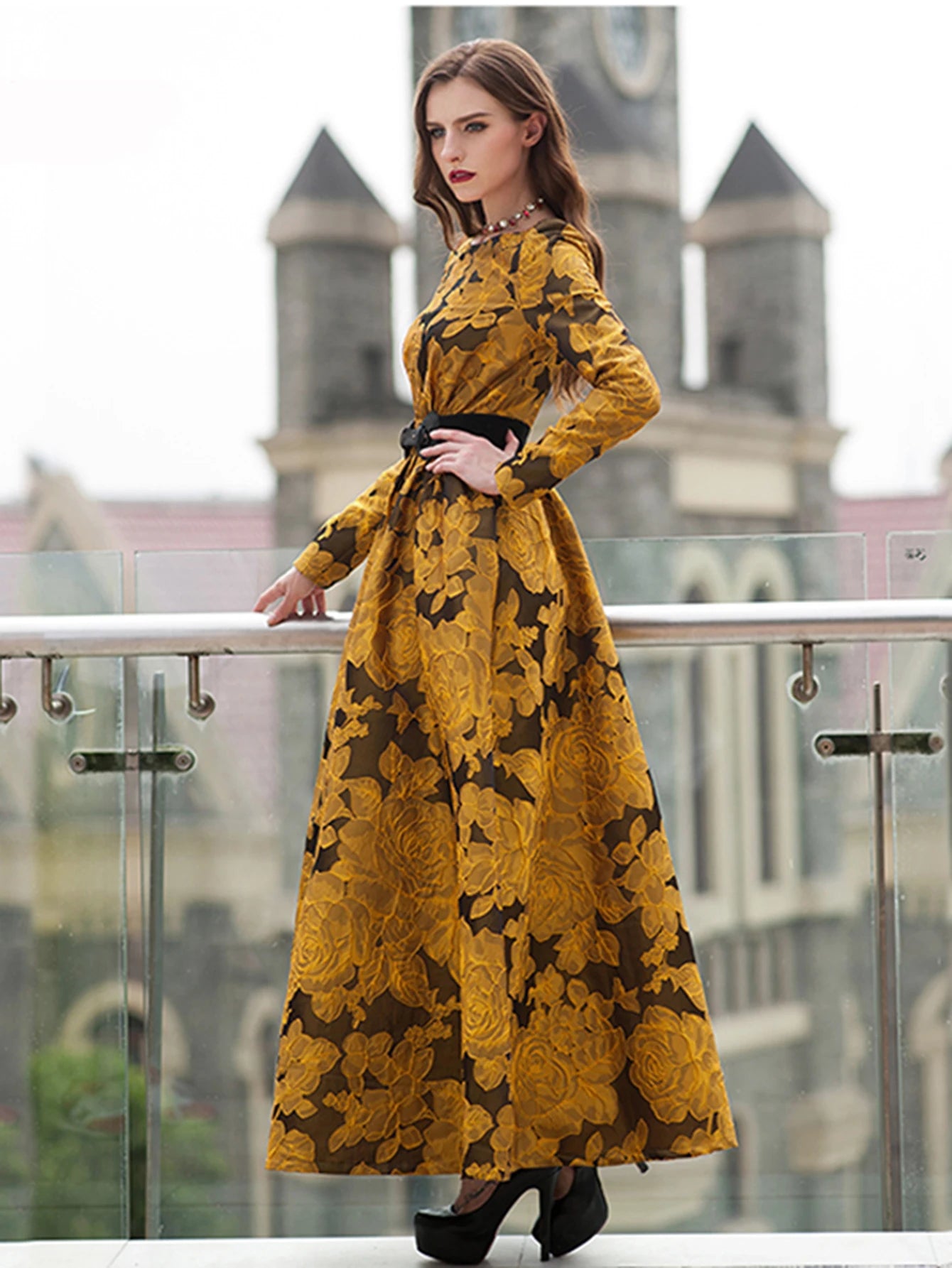 Elegant Women Floral Long Maxi Dress Jacquard Evening Party Boho Fall Winter Vintage Dress Ladies A-Line Robe