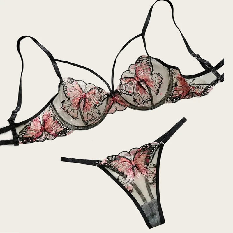 Lingerie Woman Sexy Fancy Underwear Butterfly Embroidery Bra Sets Attractive Chest Intimate Goods Romantic Erotic Outfits 2 pcs
