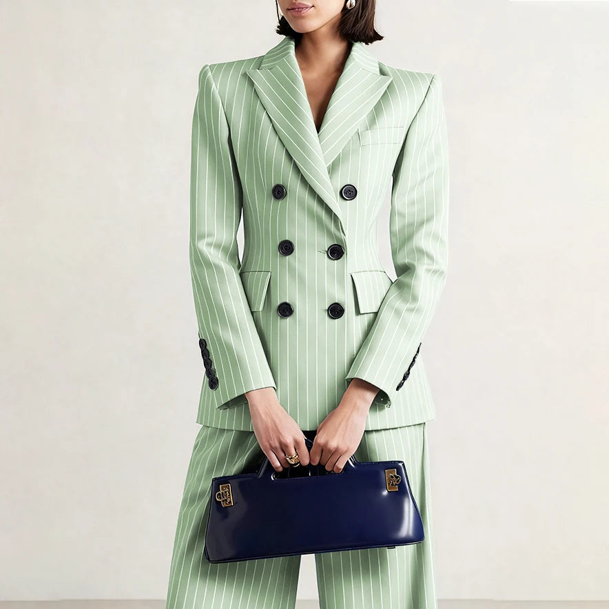 Slim Chic Double Breasted Women Pants Set High-end Female Two Pieces(Jacket+Trousers)أطقم بناطيل