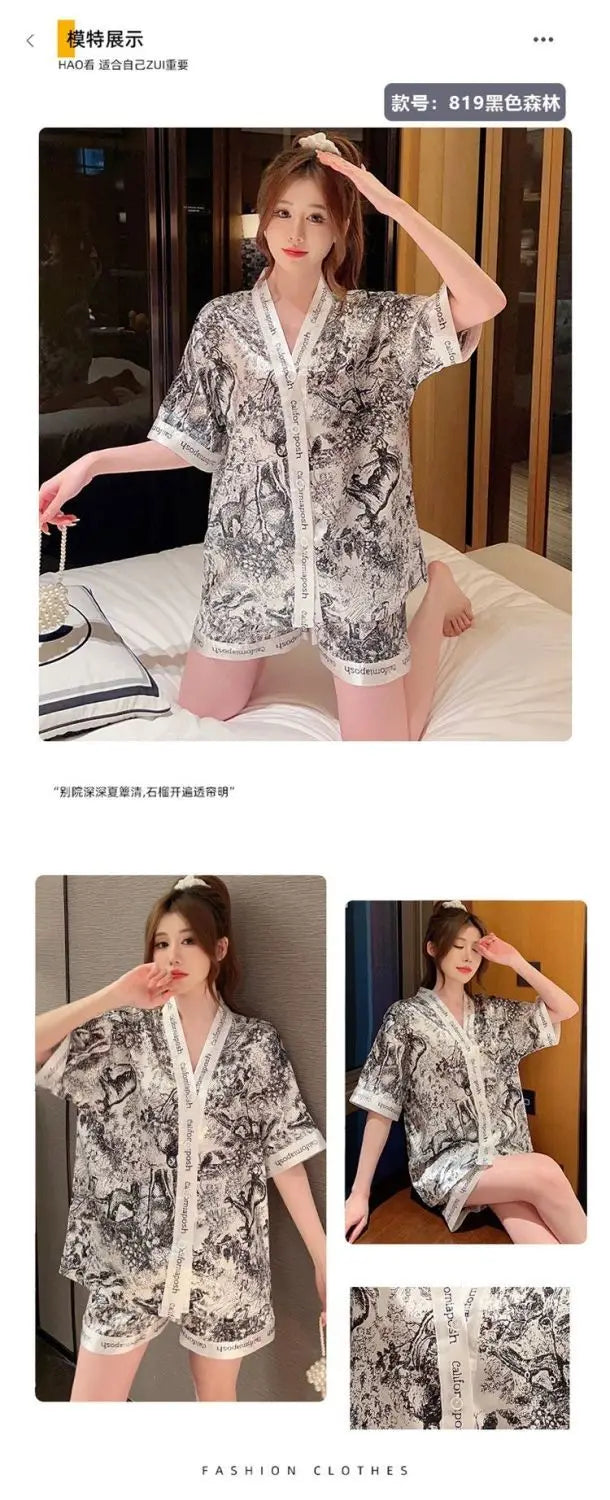 Luxury Women Silk Sleepwear Summer Short Sleeve Cardigan Shorts Two Pieces Homewear Kawaii Clothing Pajama Sets Nightwear Korean