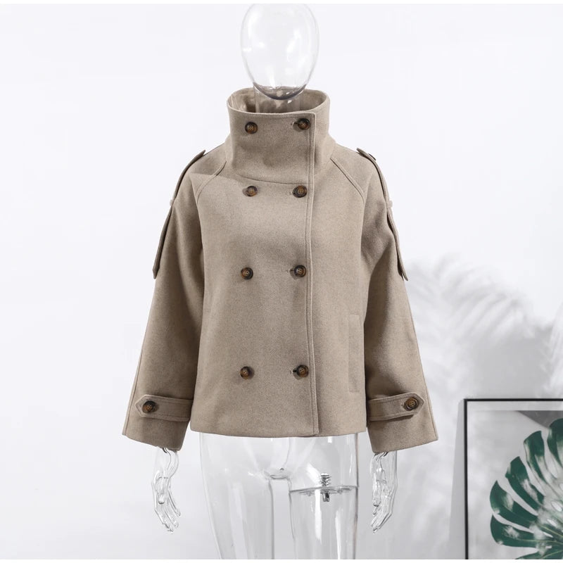 Elegant Stand Collar Long Woolen Coat Women Loose Full Sleeve Single Breast Warm Overcoat 2026 Spring Lady Outwear New