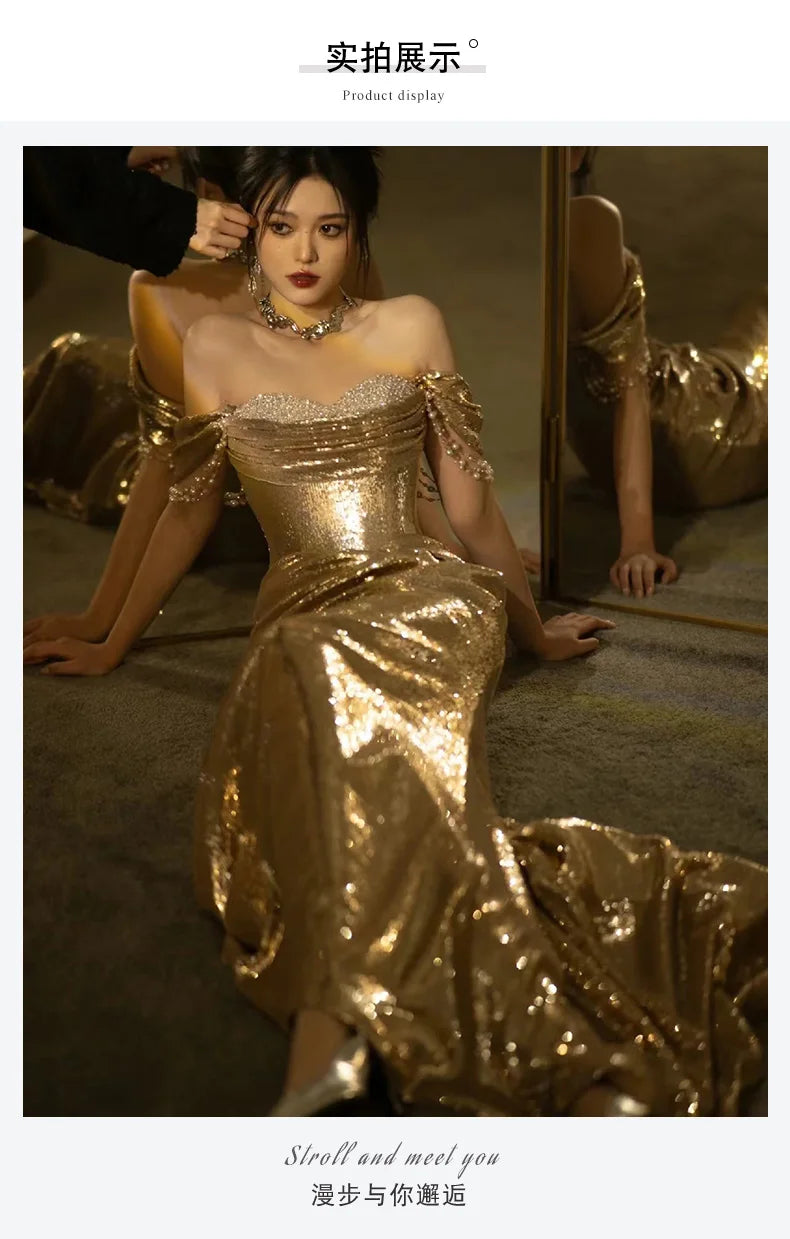 Lautaro Spring Praty Birthday Evening Dresses Woman Off Shoulder Backless Elegant Luxury Prom Floor Length Gold Sequin Dress