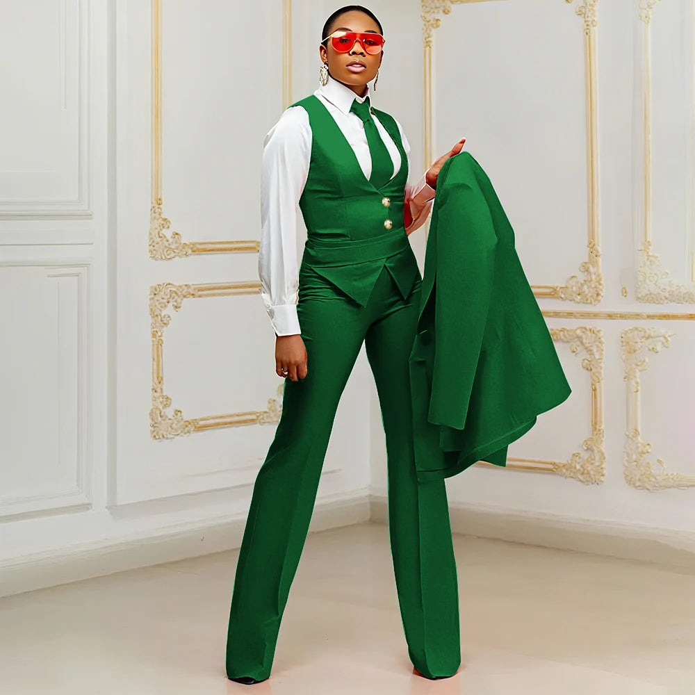 Orange Women's Suits Customized Plus Size Formal Single-breasted Peaked Lapel Three Pieces (Jacket+Pants+Vest) Office Lady Set