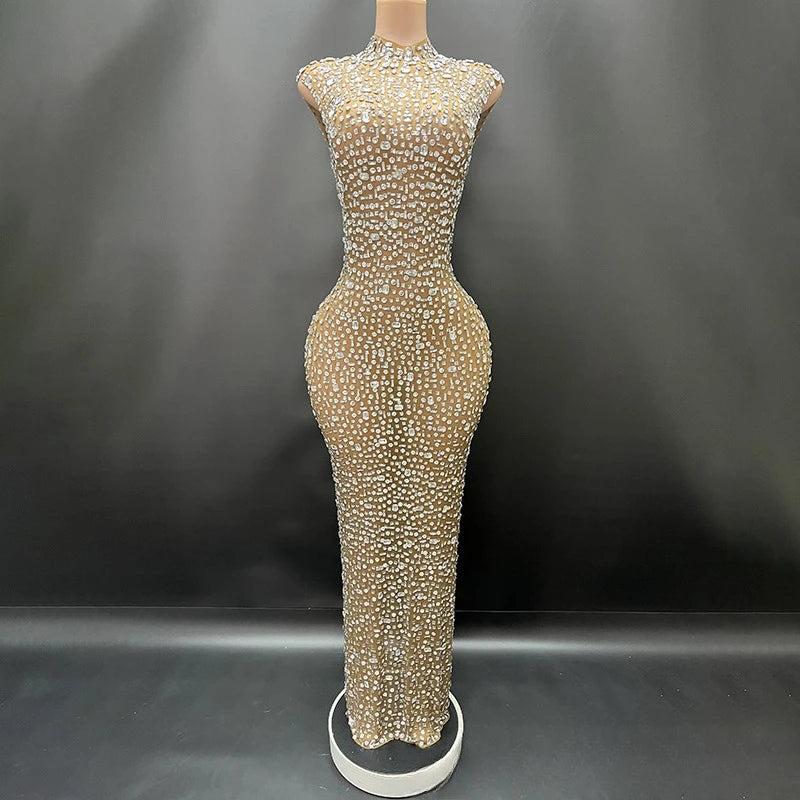 Sexy Full Drill Elastic Slim Fit Sleeveless Long Dress - Hip Wrap, For Host Stage Catwalk & Engagement Evening High-Slit Dresses