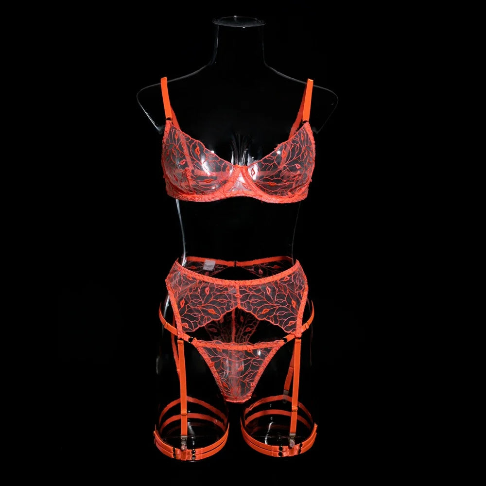 Krasapt Sexy Orange Transparent Lips Embroidery 3pcs Fancy Woman Bra And Panty Underwear Set With Leg Rings Erotic Lingerie Sets