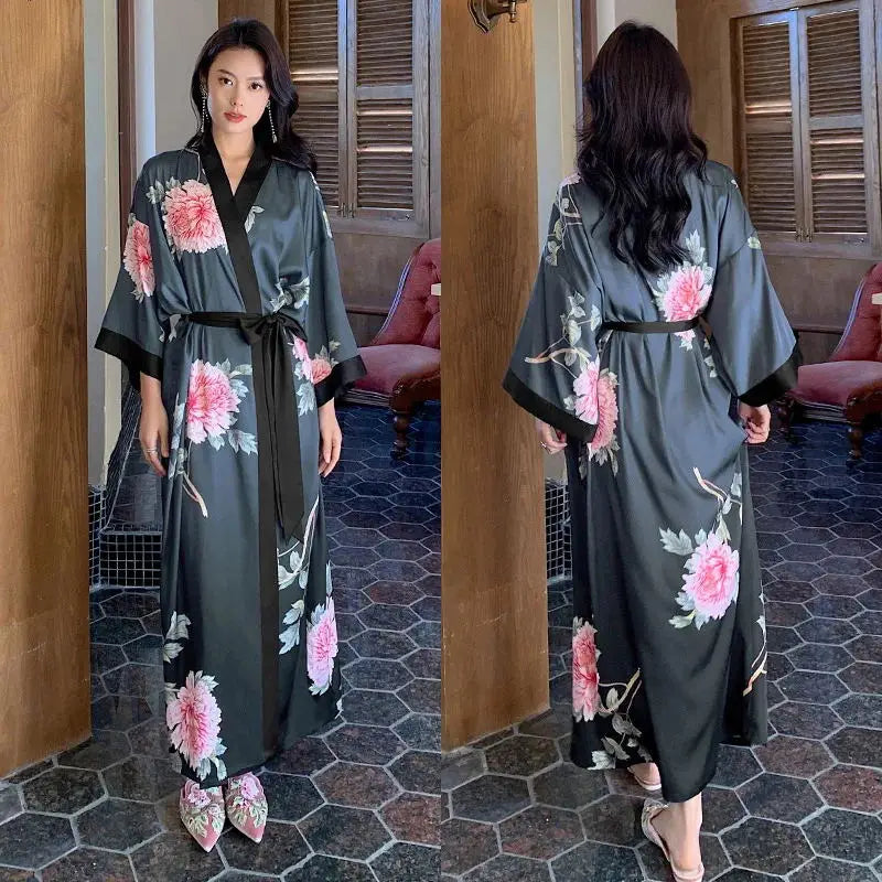 Print Flower Female Long Robe Sleepwear Japanese Kimono Bathrobe Gown Spring Summer Satin Nightgown Loose Casual Home Dress Wear