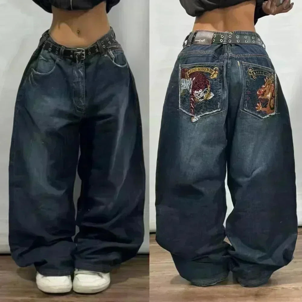 American Fashion Hip Hop Joker Loose Jeans Women Street Y2K New Casual Punk Rock Oversized Wide-leg Pants Unisex Mopping Jeans