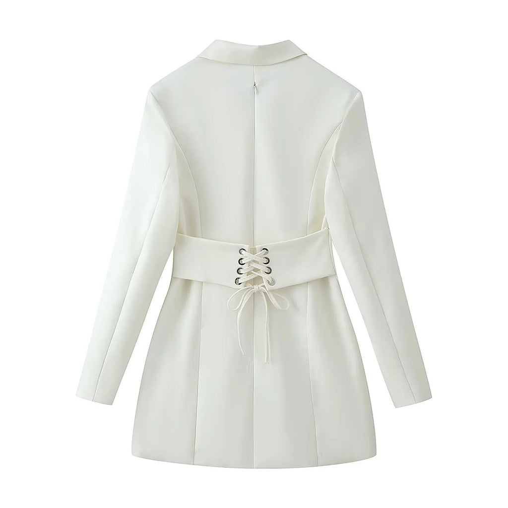 Women Waist-Cinching Blazer Mini Dress Spring Autumn Female Chic Long Sleeve Back Lace-Up Dress Sexy Lady OL Short Elegant Dress