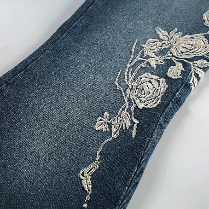 Women Retro Y2k Jeans Baggy Floral Embroidery Jeans Vintage 2000s Low Rise Flared Denim Pants High Street Basic Trousers