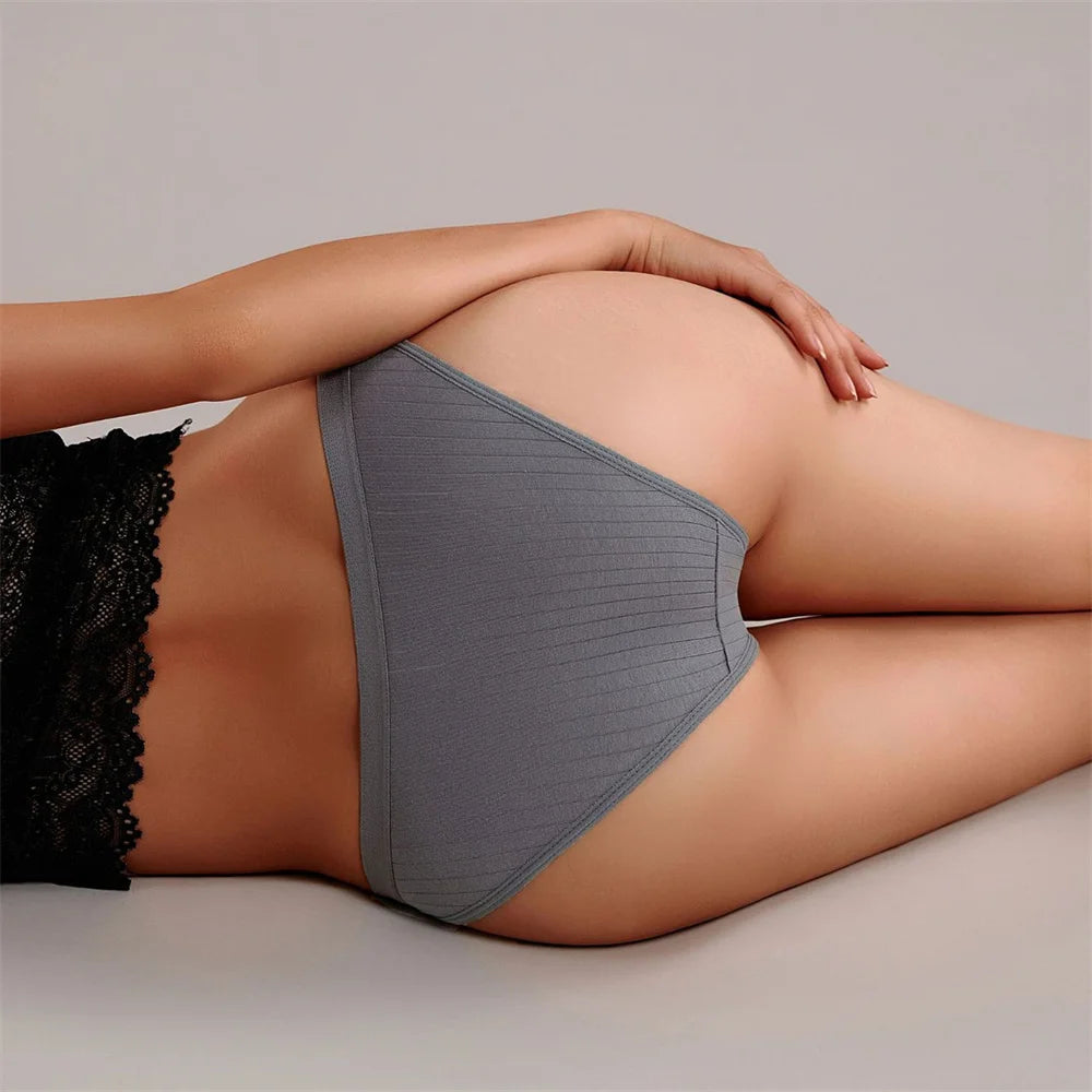 6Pcs Cotton Ribbed Striped Underwear for Women Solid Color Female Stretch Briefs Ladies Soft Lingerie M-XL
