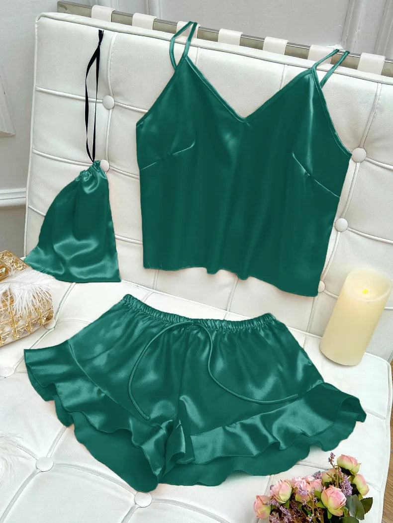 Fashion Sexy Underwear Set Women's 2 Pieces Sleepwear Pyjamas Silk Satin Bellyband Cami Top and Shorts Pajamas for Women Pijamas