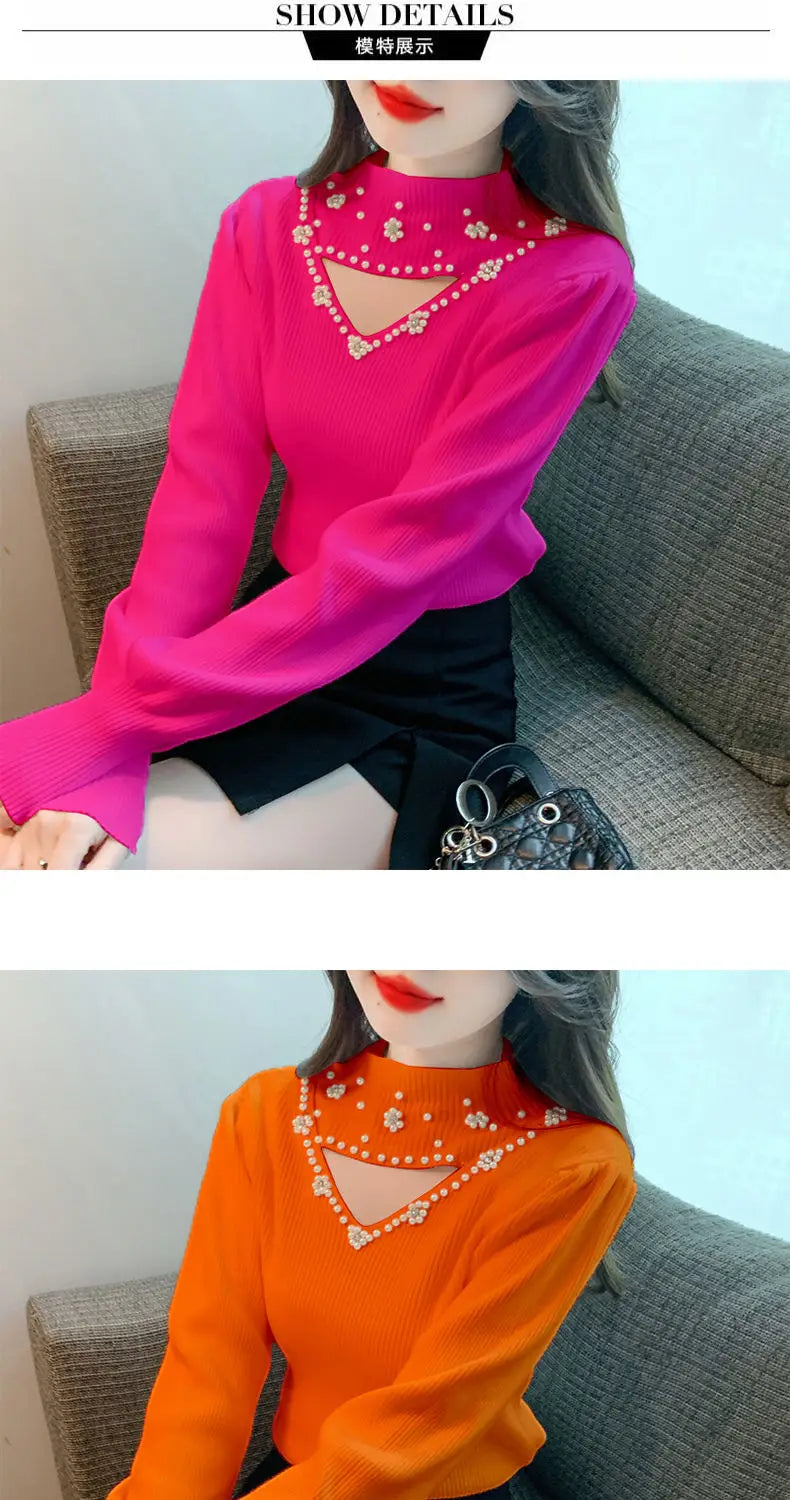 Autumn Winter Fashion Embroidered Flares Solid Color Half Height Collar Pullovers Ladies Fashionable Hollow Out Knitting Sweater