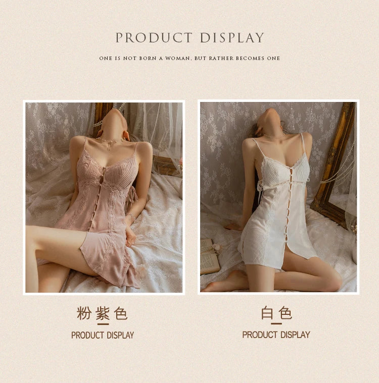 Elegant Women Nightgowns Sexy Pajamas Pure Desire Front Split Lace Spaghetti Strap Nightdress Summer Thin 2022 New Night Gown