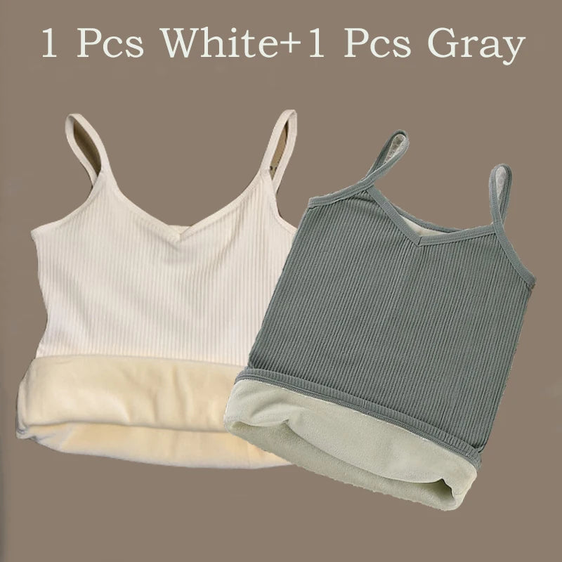 2PCS Women Winter Warm Underwear T-shirt Set Solid Color Thermal Casual Nightwear Sexy Elasticity Thin  Velvet Sleeveless Tops