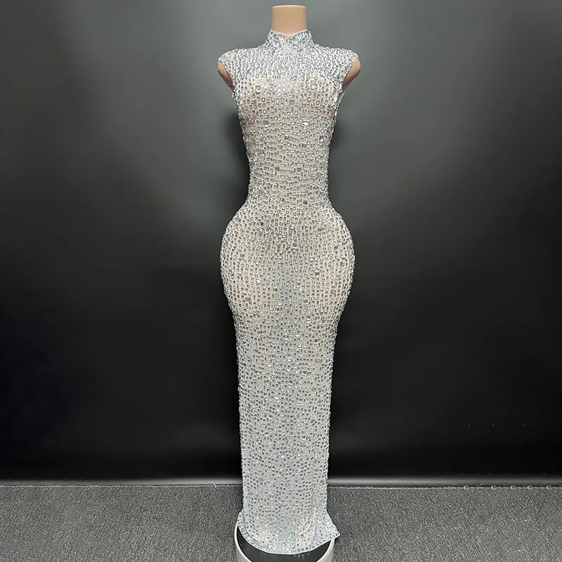 Sexy Full Drill Elastic Slim Fit Sleeveless Long Dress - Hip Wrap, For Host Stage Catwalk & Engagement Evening High-Slit Dresses