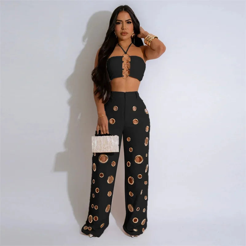 Sexy Night Party 2 Piece Sets Women Outfit Clubwear Festival Clothing Halter Strapless Crop Top and Hollow Out Wide Leg Pants