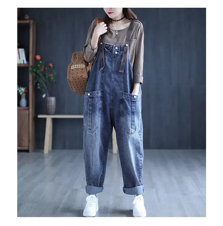 Loose Casual Denim Overalls Women's Wide Leg Pants Harem Jumpsuits Ageless plus Size New 2025 Fashion from Mainland China