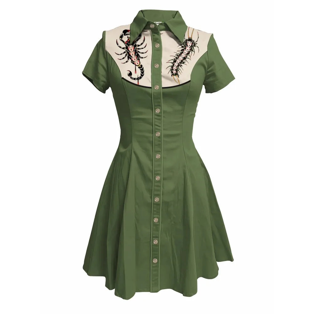 Flowers and Scorpions Printed Western Cowboy Dress for Women Sexy Girly Button-down Dress Short Sleeves 100% Cotton Summer Dress