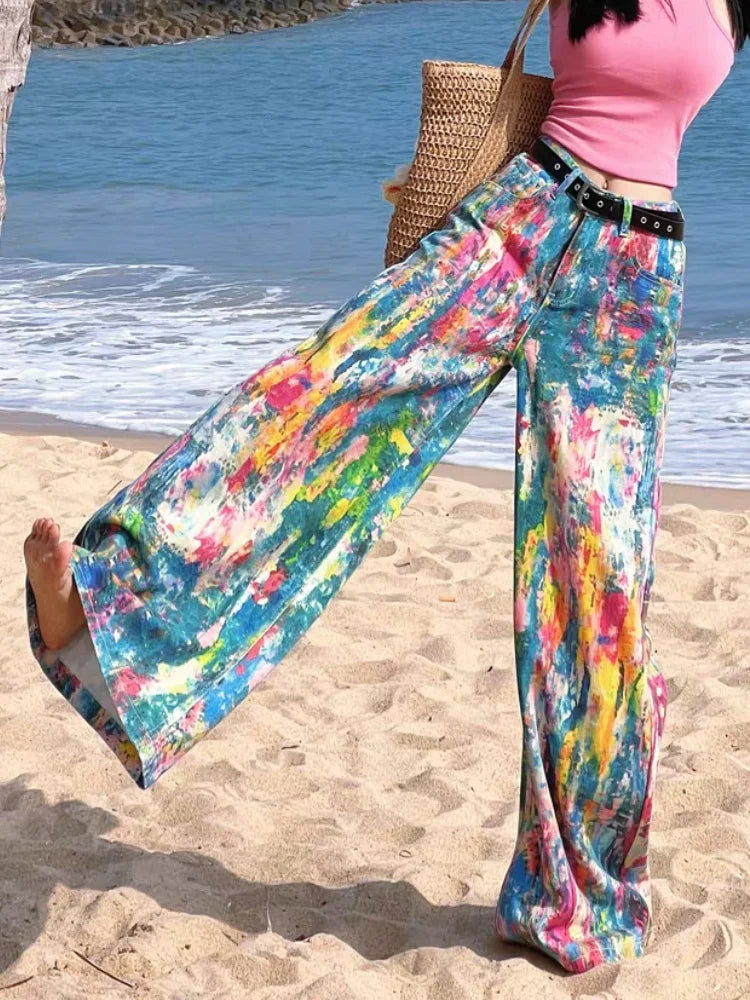2026 Cyber Y2K Fashion Colorful Graffiti Paint Baggy New Jeans Pants For Women Clothing Gothic Wide Leg Lady Trousers Ropa Mujer