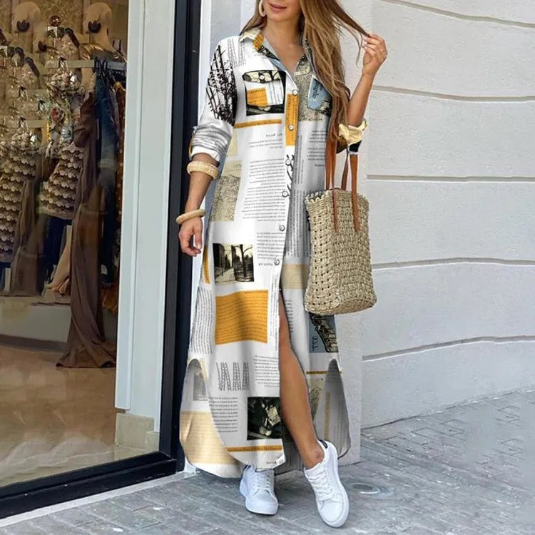 Camouflage Leopard Letters Floral Printed Dresses for Women 2025 Buttons Long Sleeve Loose Split Casual Solid Maxi Dress Robe