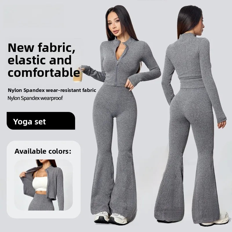 Women's Tight Fitness Yoga Outfit Set with Long Sleeves And Zipper Autumn Winter Sports Jacket And Bell Bottom Pants